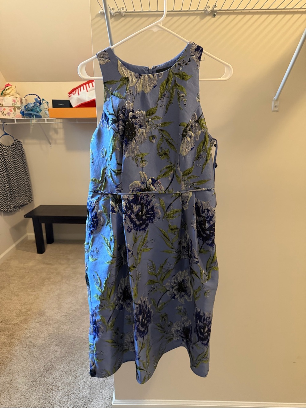 Adrianna Papell Blue Multi Beaded Jacquard Short Dress